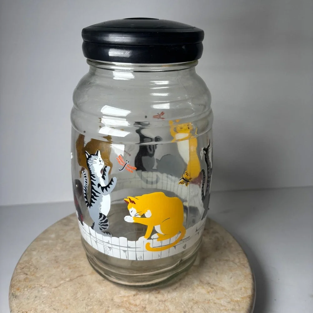 Vintage MCM Anchor Hocking Glass Cats on Fence Drink Dispenser Retro Kitsch 1 Ga
